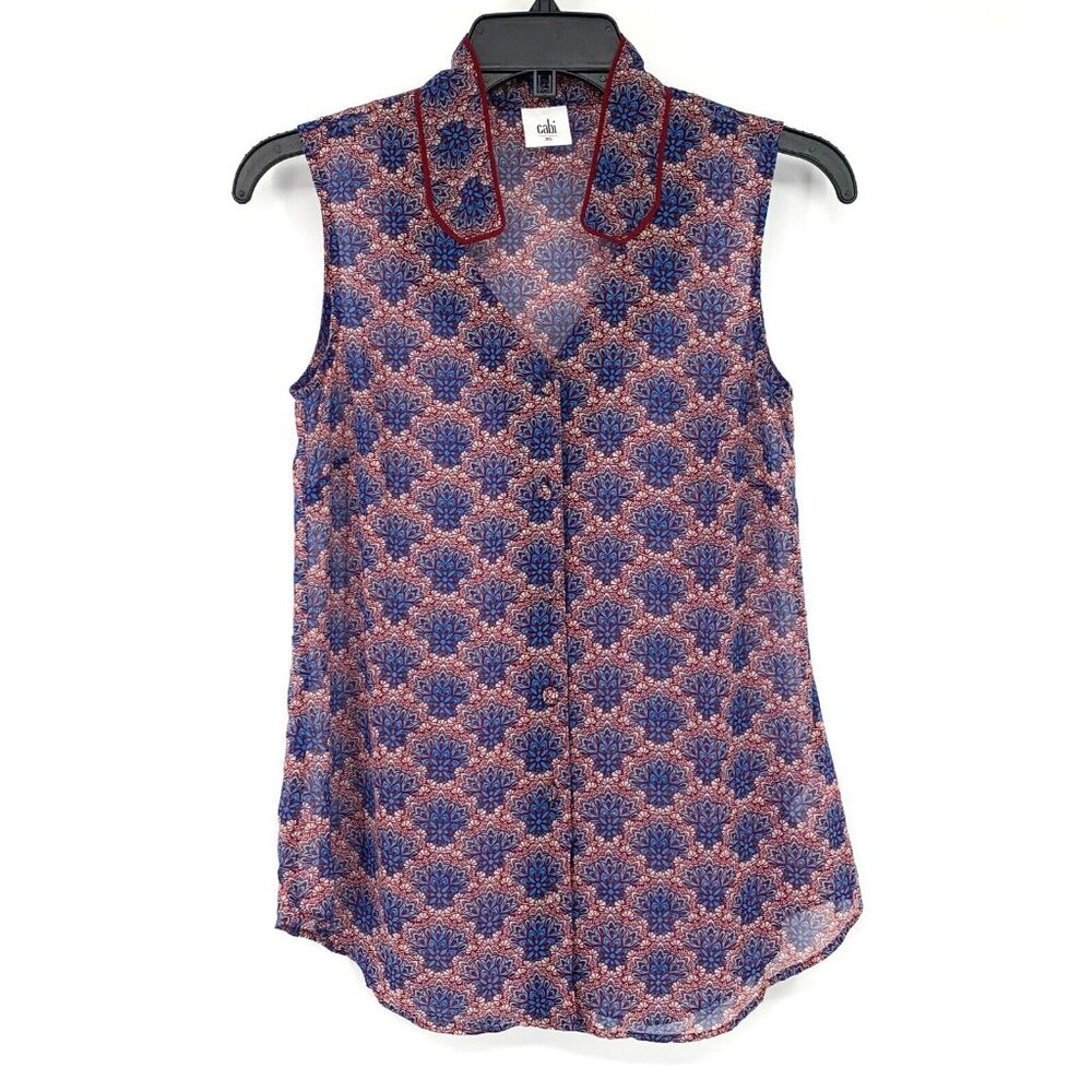 Cabi Top Blue Red Floral Fan Sheer Button Down VNeck Sleeveless